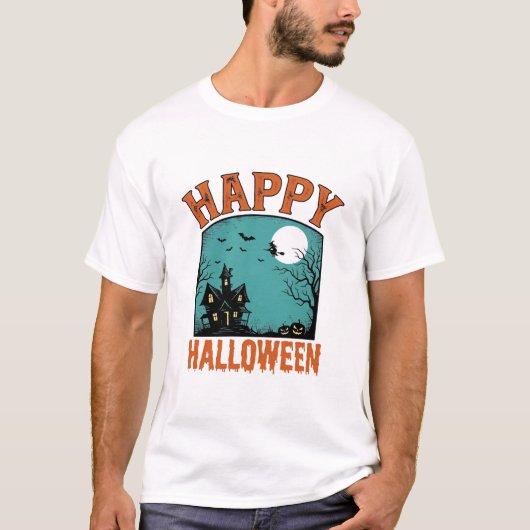 ヴィンテージ エングレーヴィング ハッピー ハロウィン 幽霊の館 デ Tシャツ (正面)