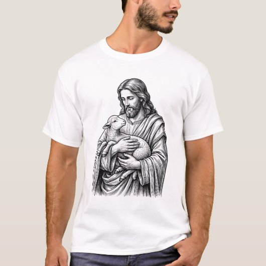 ヴィンテージ エングレーヴィング 羊を抱える羊飼い ベクター デザイン Tシャツ (正面)