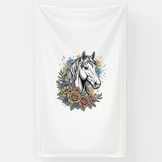 ヴィンテージ エングレーヴド 馬 花柄 ベクター Tシャツ デザイン_ 横断幕 (縦)