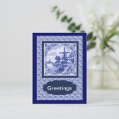ヴィンテージ オランダ青 デルフト タイル デザイン ポストカード (スタンド正面)