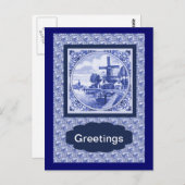 ヴィンテージ オランダ青 デルフト タイル デザイン ポストカード (正面/裏面)