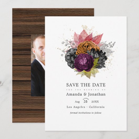 ヴィンテージ オータム - フォール フラワーの結婚式の写真 セーブザデート (正面/裏面)