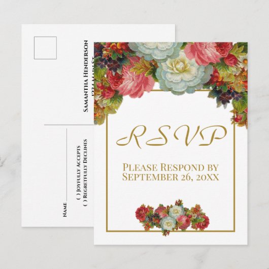 ヴィンテージ オータム フラワー ゴールド 結婚式 RSVP ポストカード (正面/裏面)