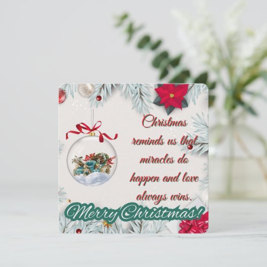 ヴィンテージ オーナメントとポインセチアのクリスマス シーズンカード (スタンド正面)
