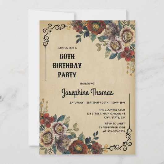 ヴィンテージ オーナメント フラワー バースデー 招待状 (正面)