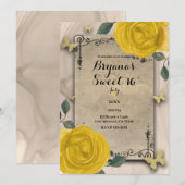 ヴィンテージ オールド ワールド イエロー ローズ バタフライ スウィート 16 招待状 (正面/裏面)