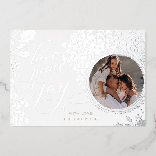 ヴィンテージ カリグラフィー ラブ・ジョイ・ピース 1枚の写真 箔シーズンカード (正面)