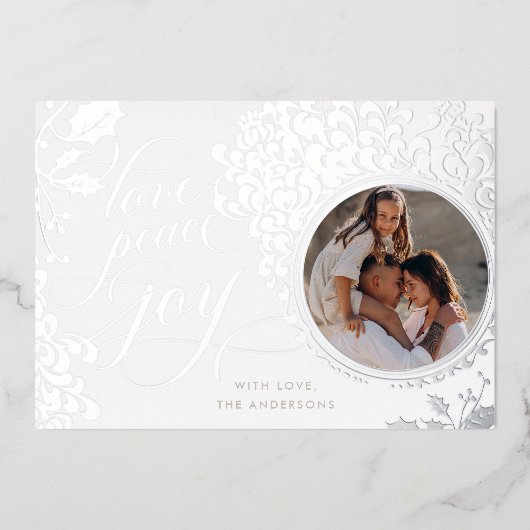 ヴィンテージ カリグラフィー ラブ, ジョイ, ピース 1 枚の写真 箔シーズンカード (正面)