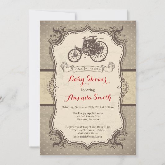 ヴィンテージ カー ベイビー シャワー 招待状 レトロ ヴィンテージ (正面)