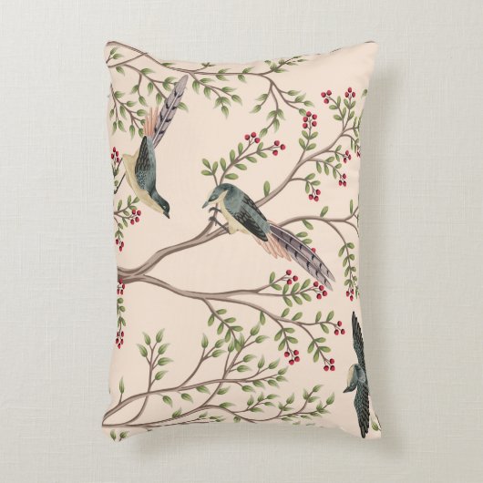 ヴィンテージ・ガーデン・ツリー、鳥フローラ・シームレス・パターン アクセントクッション (正面(垂直))
