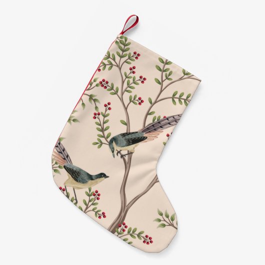 ヴィンテージ・ガーデン・ツリー、鳥フローラ・シームレス・パターン スモールクリスマスストッキング (正面 (吊り時))