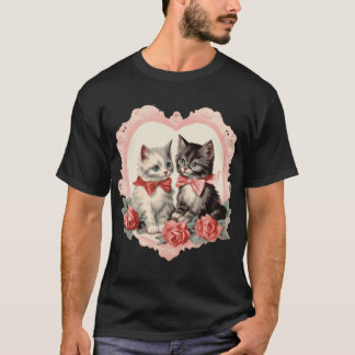 ヴィンテージ・キャッツ・レトロかわいい猫の花柄アート・パターンピン Tシャツ