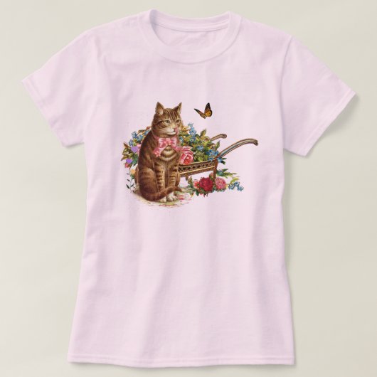 ヴィンテージ・キャット・アンド・ローズ ピンク Tシャツ (デザイン正面)