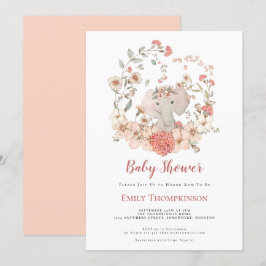 ヴィンテージ キュート エレファント フローラル ピーチ ベビーシャワー 招待状