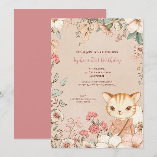ヴィンテージ キュート ネコ 花 葉 1歳 誕生日 女の子 招待状 (正面/裏面)