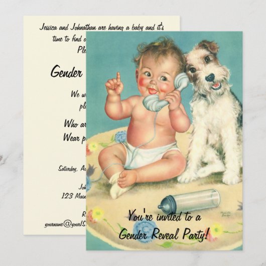ヴィンテージ キュート パピー 子供 性別発表 ベビーシャワー 招待状 (正面/裏面)