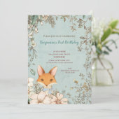 ヴィンテージ キュート フォックス ボタニカル 1歳 誕生日 男の子 招待状 (スタンド正面)