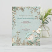 ヴィンテージ キュート ベアー ボタニカル 1歳 誕生日 男の子 招待状 (スタンド正面)