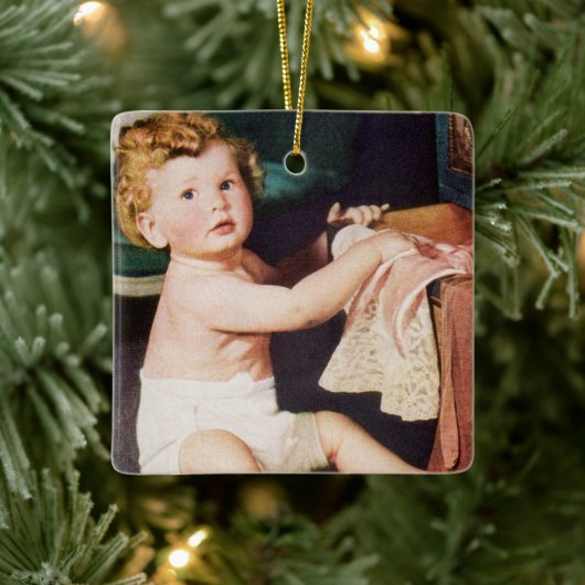 ヴィンテージ キュート 幼児が衣類整理ダンスで遊ぶ セラミックオーナメント (ツリー)