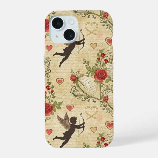 ヴィンテージ・キューピッドのロマンティック柄 (7) iPhone 15ケース (裏面)