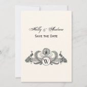 ヴィンテージ クジャクのモノグラム アイボリー背景 招待状 (正面)