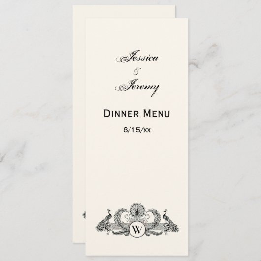 ヴィンテージ クジャクのモノグラム アイボリー背景 招待状 (正面/裏面)