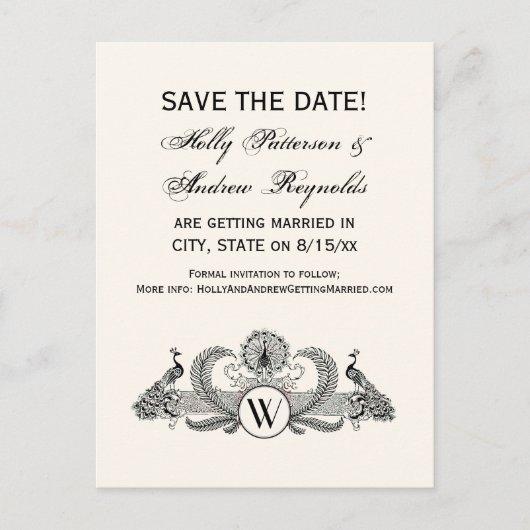 ヴィンテージ クジャクのモノグラム アイボリー背景 案内ポストカード (正面)