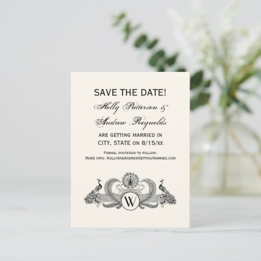 ヴィンテージ クジャクのモノグラム アイボリー背景 案内ポストカード (スタンド正面)