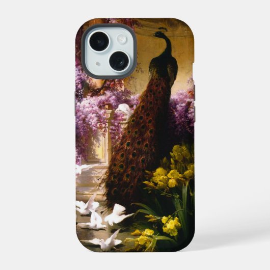 ヴィンテージ・クジャクの庭園アート|ロマンティックなフジ iPhone 15ケース (裏面)