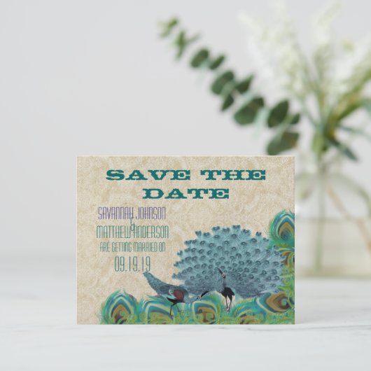 ヴィンテージ クジャクの羽根 Save the Date 招待状 (スタンド正面)