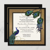 ヴィンテージ クジャクの羽 黒金 エレガント ウェディング 招待状 (正面/裏面)