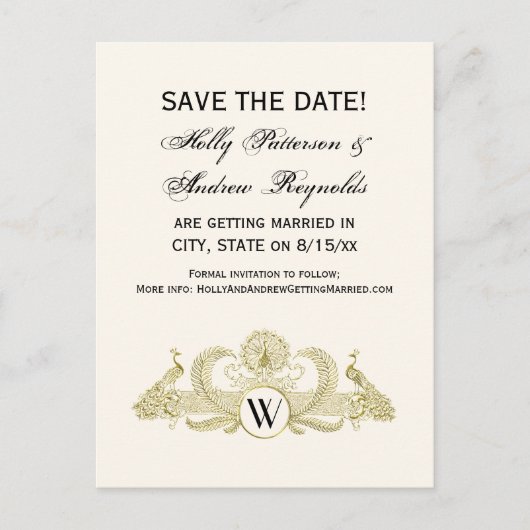 ヴィンテージ クジャク モノグラム 偽金色 象牙色 BG 案内ポストカード (正面)