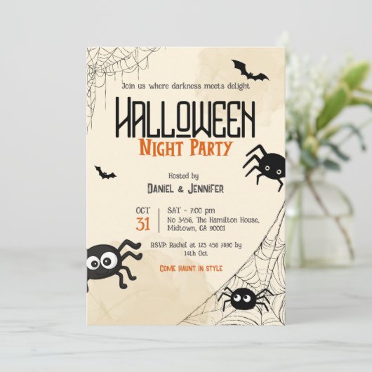 ヴィンテージ クモの巣 ハロウィン ナイト パーティー スプーキー 招待状 (スタンド正面)