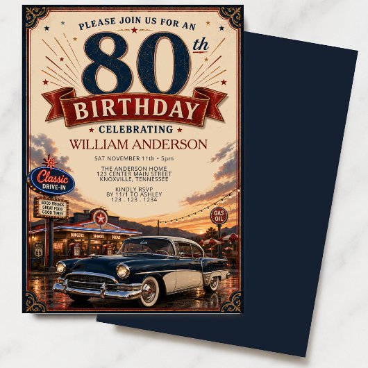 ヴィンテージ クラシックカー 80歳の誕生日 招待状