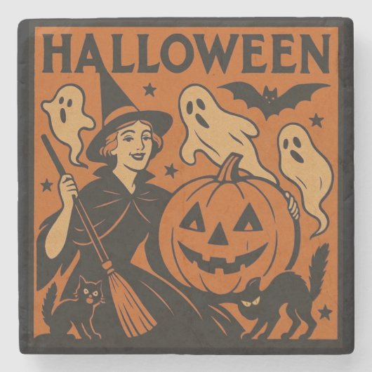 ヴィンテージ、クラシックハロウィーンの魔女、幽霊とカボチャ ストーンコースター (正面)