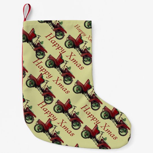 ヴィンテージ/クラシック赤い車ハッピークリスマス スモールクリスマスストッキング (正面)