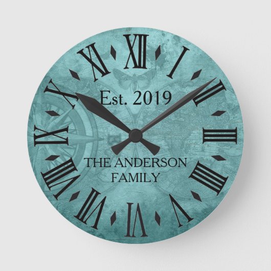 ヴィンテージ クラシック ファミリー ネーム ワールド マップ ローマ数字 ラウンド壁時計 (正面)