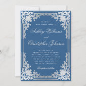 ヴィンテージ クラシック ブルー フェイク シルバー エレガント ウェディング 招待状 (正面)