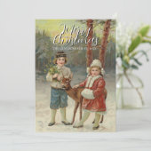 ヴィンテージ クラシック 冬の子供たちと鹿の芸術作品 シーズンカード (スタンド正面)