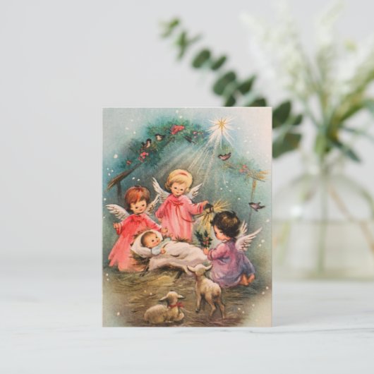 ヴィンテージ クリスマスの天使が赤ちゃんイエスを見守る シーズンカード (スタンド正面)