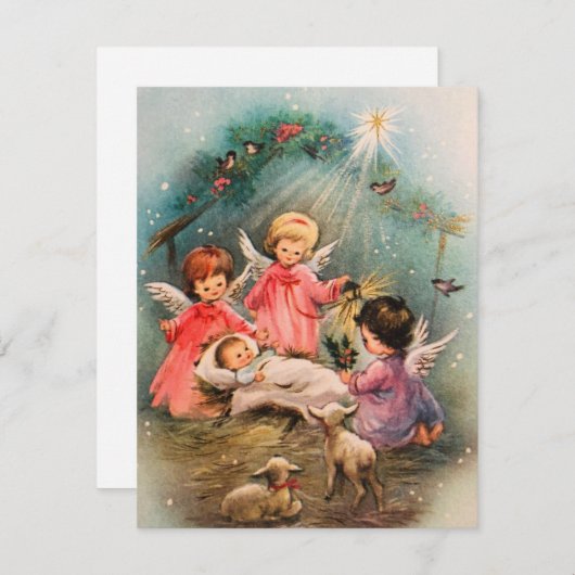 ヴィンテージ クリスマスの天使が赤ちゃんイエスを見守る シーズンカード (正面/裏面)