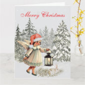 ヴィンテージ クリスマスの天使とウサギ カード (黄色い花)