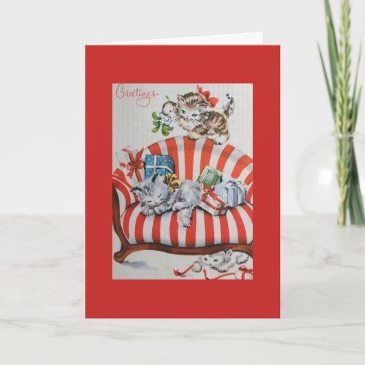 ヴィンテージ – クリスマスの子猫とギフト、 シーズンカード (正面)