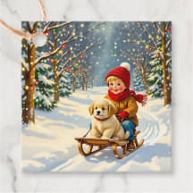 ヴィンテージ クリスマスの情景 そりで遊ぶ少年と子犬
