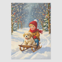 ヴィンテージ クリスマスの情景、子犬とそり遊びする少年