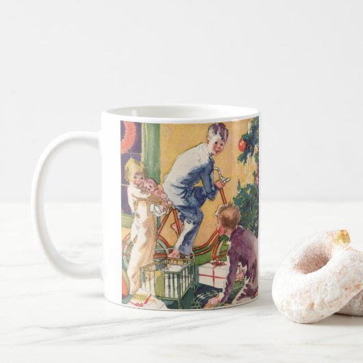 ヴィンテージ クリスマスの朝 プレゼントをもらう子供たち コーヒーマグカップ (ドーナツ)