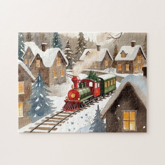 ヴィンテージ クリスマスの電車 雪の降る村を走る ジグソーパズル (横)