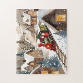 ヴィンテージ クリスマスの電車 雪の降る村を走る ジグソーパズル