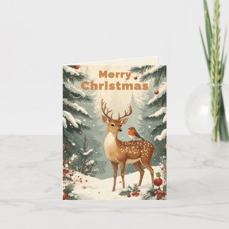 ヴィンテージ クリスマスの鹿とコマドリの森林 シーズンカード