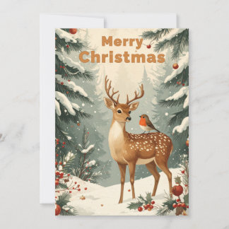 ヴィンテージ クリスマスの鹿とコマドリの森林 シーズンカード
